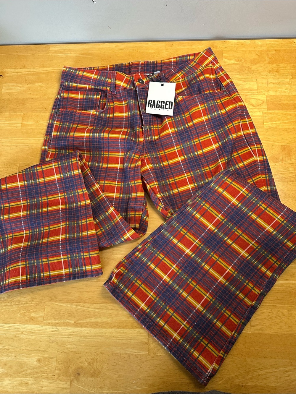 NWT The Ragged Priest Register Red Check Plaid Flare Pants Jeans Size 32